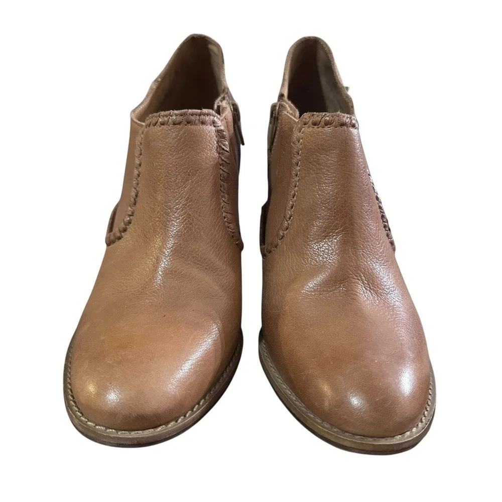 Jack Rogers Kyle Oak Brown Leather Whipstitch Ankle Booties Women's Size 9 M Zip
